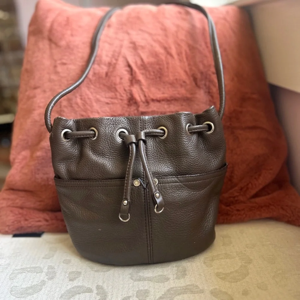 Tignanello Brown Leather Bucket Crossbody Bag